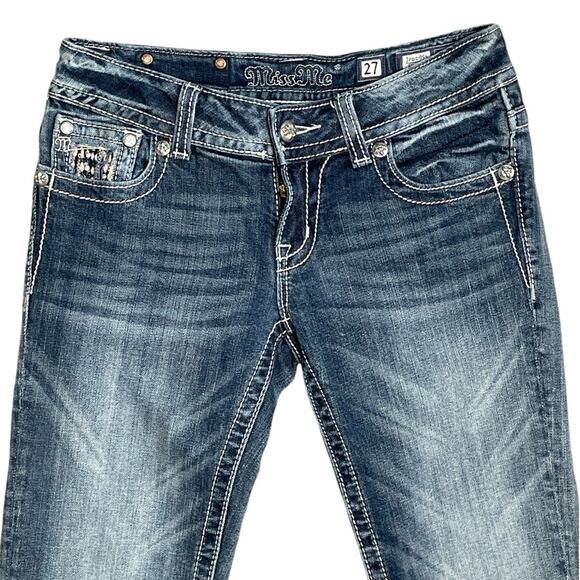 Miss Me Y2K Skinny Embellished Medium Wash Saddle Stitch Low Rise Jeans Size 27 - Picture 2 of 9